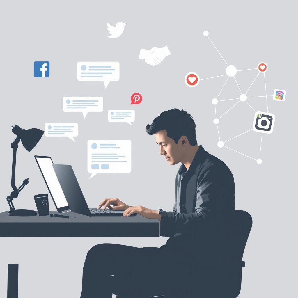 Leveraging social media and networking effectively can significantly boost freelance success. Here's an image illustrating a freelancer actively using social media and networking to grow their career.-general image